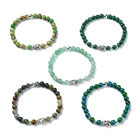 6mm Gemstone Round Beaded Stretch Bracelets, Alloy Elephant Bracelets, Antique Silver