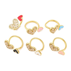 Brass Micro Pave Clear Cubic Zirconia Open Cuff Rings, Heart Enamel Ring for Women, Lead Free & Cadmium Free, Real 18K Gold Plated