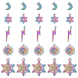 NBEADS 25Pcs 5 Styles Rainbow Color Alloy Pendants, Sun & Snowflake & Lightning Bolt & Moon & Star of David