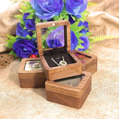 Wood Visible Window Pendant Storage Box, Pendant Magnetic Gift Case with Velvet Inside, Square