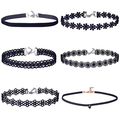 6шт. 6 стили готических кружевных чокеров с цветочным узором для женщин, с цепочками и застежками из сплава на концах, платиной и золотом, разнообразные