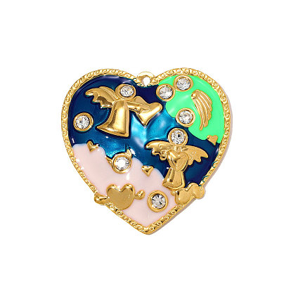 304 из нержавеющей стали Кристалл Rhinestone подвески, Сердце из эмали с подвесками в виде ангела, ионное покрытие (ip), зеркальная полировка, реальный 18 k позолоченный