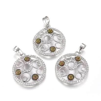Gemstone Pendants, with Platinum Tone Brass Findings and Crystal Rhinestone, Flat Round