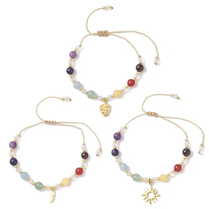 Chakra 304 браслеты с подвесками из нержавеющей стали, регулируемые браслеты из круглых бусин из натуральных и синтетических смешанных драгоценных камней для женщин