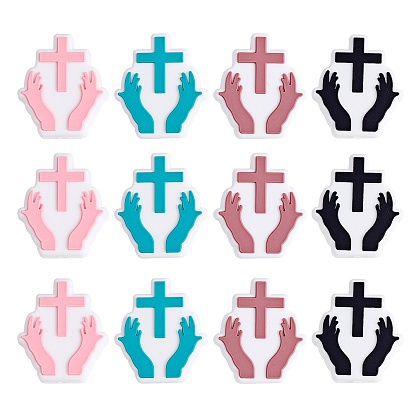 12Pcs 4 Colors Silicone Beads, Hand with Cross