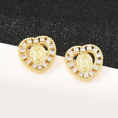 Серьги-гвоздики из латунного микро-паве, Сердце с Девой Марией, долговечный, стойки покрытие, без свинца и без кадмия