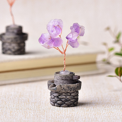 Natural Amethyst Chips Tree Decorations, Millstone Base with Copper Wire Feng Shui Energy Stone Gift for Home Office Desktop Decoration
