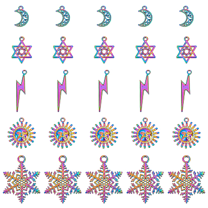 25Pcs 5 Styles Rainbow Color Alloy Pendants, Sun & Snowflake & Lightning Bolt & Moon & Star of David