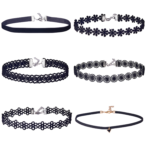 6шт. 6 стили готических кружевных чокеров с цветочным узором для женщин, с цепочками и застежками из сплава на концах, платиной и золотом, разнообразные