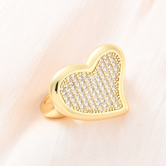 Латунные кольца-манжеты с микропаве и прозрачным цирконием для женщин, сердце, стойки покрытие, без кадмия и без свинца, прочное покрытие