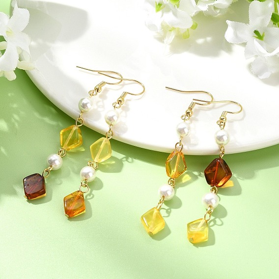 304 Stainless Steel Shell Pearl Dangle Earrings, Rhombus, with Natural Amber Pendants