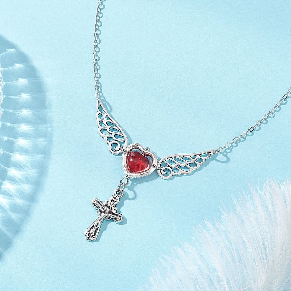 Латунное колье с подвеской в виде красного крылатого сердца и креста на цепочке для женщин.