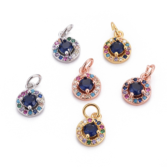 Brass Micro Pave Cubic Zirconia Charms, with Jump Rings, Flat Round, Colorful