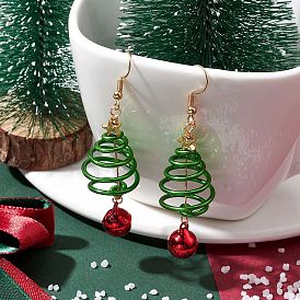 Aluminum Wire Wrapped Christmas Tree Dangle Earrings, Brass Bell Earrings for Women