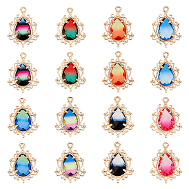 16шт 8 цвета золотистый тон латунные подвески, С граненым стеклом, слезинки