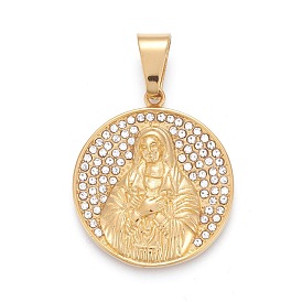304 Stainless Steel Pendants, with Crystal Rhinestone, Flat Round with Virgin Mary