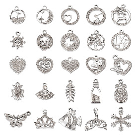 50шт 25 стили сплава стразы подвески, плоские круглые и сердце и веер и корона и рыбная кость и рождественские снежинки