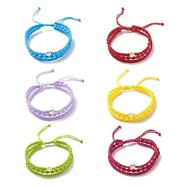 6Pcs 6 Color Brass Heart Braided Bead Bracelets Set, Nylon Thread Triple Layer Adjustable Bracelets for Women