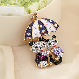 Cute Cartoon Umbrella Bear Keychain with Rhinestones, Creative Gift