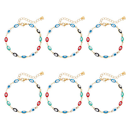 Brass Enamel Evil Eye Link Bracelets, with 304 Stainless Steel Lobster Claw Clasps, Golden