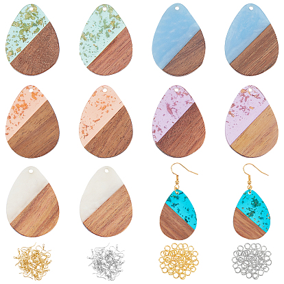 DIY Dangle Teardrop Earring Making Kits, 1 Box 12Pcs Resin & Walnut Wood Pendants, 60Pcs Iron Earring Hooks, 100Pcs Jump Rings