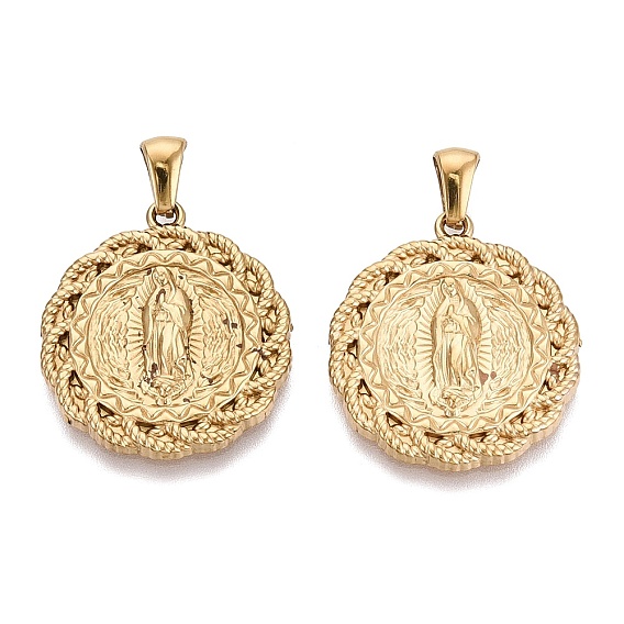 Religion 304 Stainless Steel Pendants, Flat Round with Virgin Mary Charms, Ion Plating(IP), with Bails