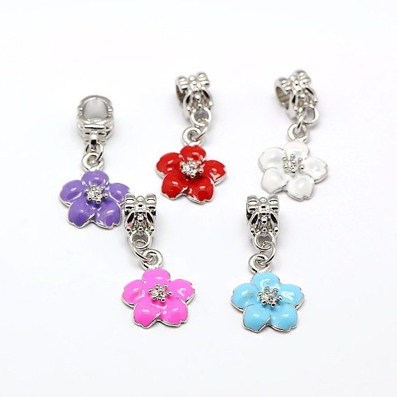 Gran esmalte de la aleación del agujero colgantes europeos cuelgan, flor, color del metal platino, 29 mm, agujero: 4.5 mm