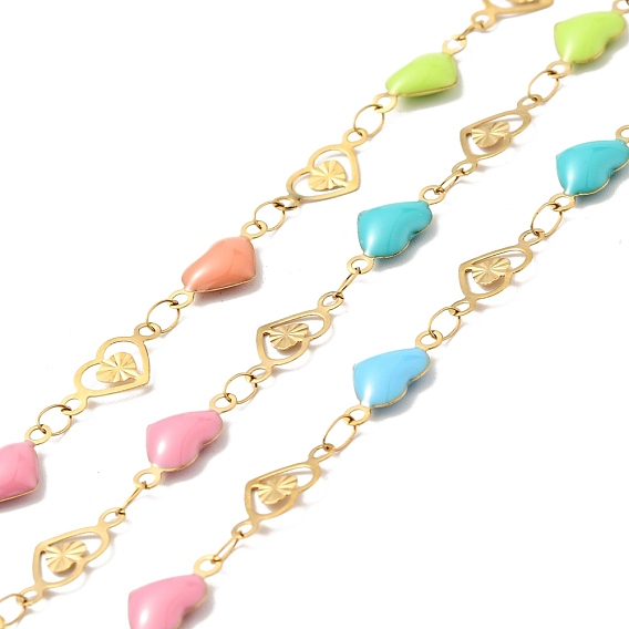 Ion Plating(IP) Stainless Steel Heart Link Chains with Colorful Enamel, Soldered, with Spool