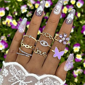 8Pcs 8 Styles Alloy Rhinestone Plain Band Rings, Enamel Charm Style