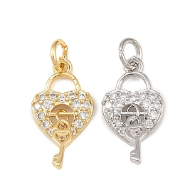 Латунные микро проложить кубического циркония прелести, сердечный замок с ключом, без кадмия и без свинца, стойки покрытие, долговечный, с целью перехода в кольце