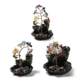 Gemstone Chips Tree Decorations, Ceramic Incense Holders Base Copper Wire Feng Shui Energy Stone Gift for Home Desktop Decoration