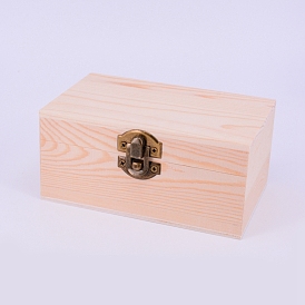 Rectangle Unfinished Wooden Box, with with Hinged Lid and Front Clasp, for Arts Hobbies and Home Storage