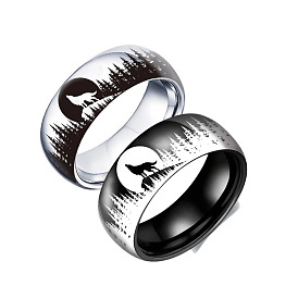 Howling Wolf Stainless Steel Finger Rings, Wide Band Rings for Men
