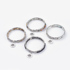 Bracelets en pierres précieuses naturelles, avec des pendentifs en alliage de lotus de style tibétain et des sacs de cellophane de recherche et rectangle opp, argent antique