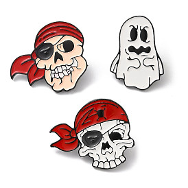 Halloween Theme Skull Pirate/Ghost Enamel Pins, Black Zinc Alloy Brooches for Backpack Clothes