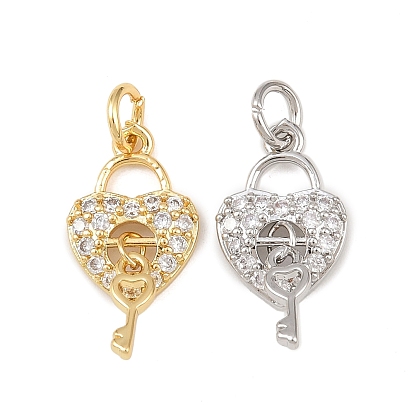 Латунные микро проложить кубического циркония прелести, сердечный замок с ключом, без кадмия и без свинца, стойки покрытие, долговечный, с целью перехода в кольце