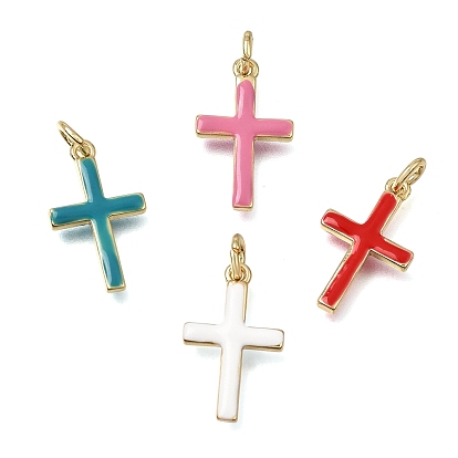 Brass Enamel Pendants, Cross Charms, Cadmium Free & Lead Free, Rack Plating, Long-Lasting Plated, Real 18K Gold Plated