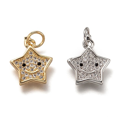 Brass Micro Pave Clear Cubic Zirconia Charms, Cadmium Free & Lead Free, Long-Lasting Plated, Star with Smiling Face