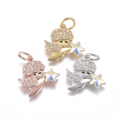 Brass Charms, with Micro Pave Cubic Zirconia and Jump Rings, Angel