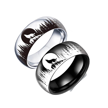 Anillos de dedo de acero inoxidable de lobo aullando, anillos de banda ancha para hombres