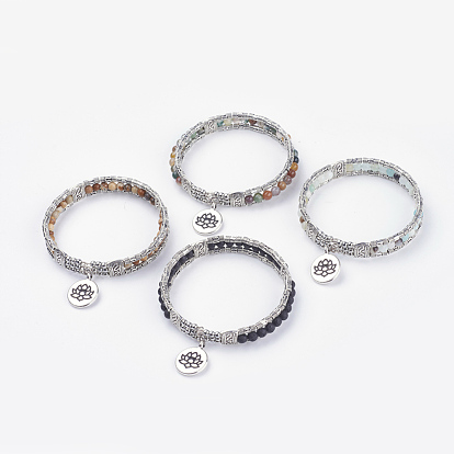 Bracelets en pierres précieuses naturelles, avec des pendentifs en alliage de lotus de style tibétain et des sacs de cellophane de recherche et rectangle opp, argent antique