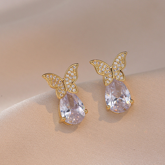 304 серьги-гвоздики из нержавеющей стали с микро-паве из стразов, бабочка со слезой, золотые