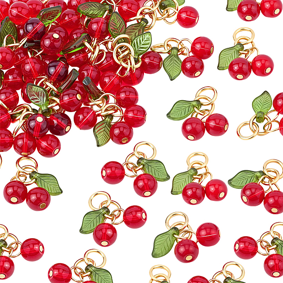 50Подвески из стекла и акрила из бисера, с золотыми 304 кольцами из нержавеющей стали, черри прелести