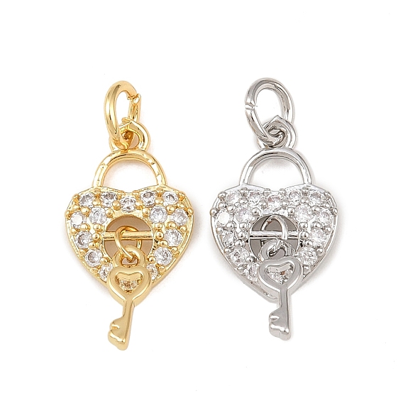 Латунные микро проложить кубического циркония прелести, сердечный замок с ключом, без кадмия и без свинца, стойки покрытие, долговечный, с целью перехода в кольце