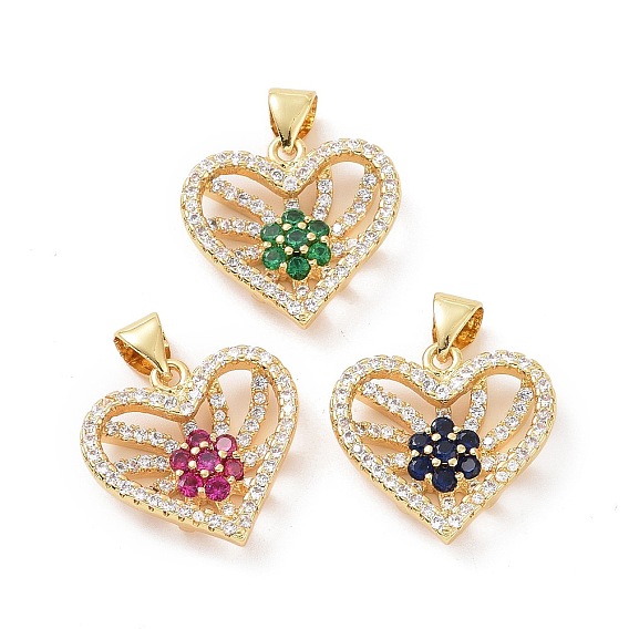 Brass Micro Pave Cubic Zirconia Pendants, Cadmium Free & Lead Free, Real 18K Gold Plated, Hollow Heart with Flower Charm