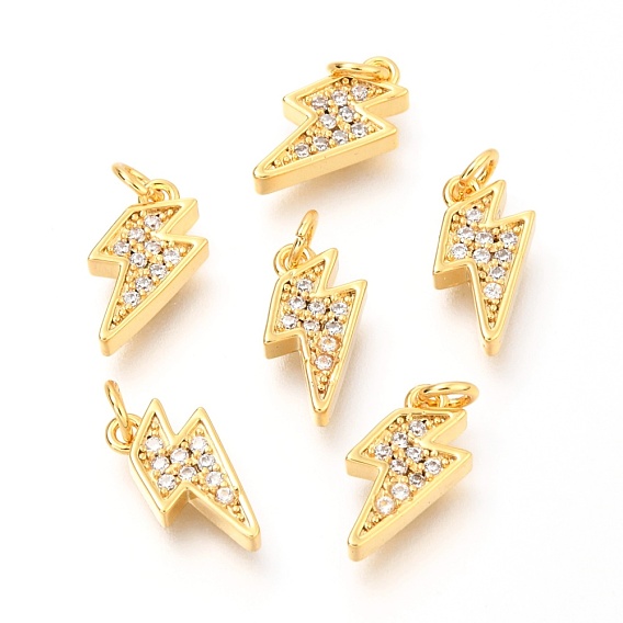 Brass Micro Pave Clear Cubic Zirconia Charms, with Jump Rings, Lightning Bolt
