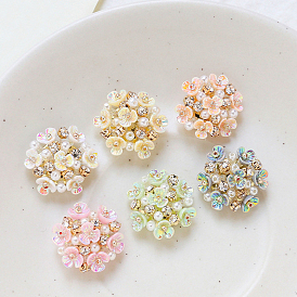 Resin Cabochons, Cluster Beads, with Crystal Rhinestone and Golden Plated Alloy Perforated Disc Settings, Flower