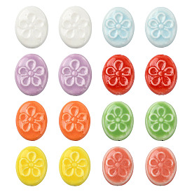 16Pcs 8 Colors Handmade Porcelain Ceramic Beads, Oval with Flower Pattern, Bright Glazed Porcelain