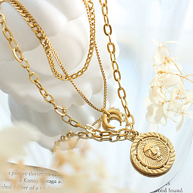 Triple-layered Lion Head Titanium Steel Necklace with Moon Pendant - Unisex Fashion Jewelry