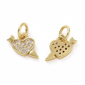 Brass Micro Pave Cubic Zirconia Pendants, Real 18K Gold Plated, with Jump Ring, Heart with Arrow Charms